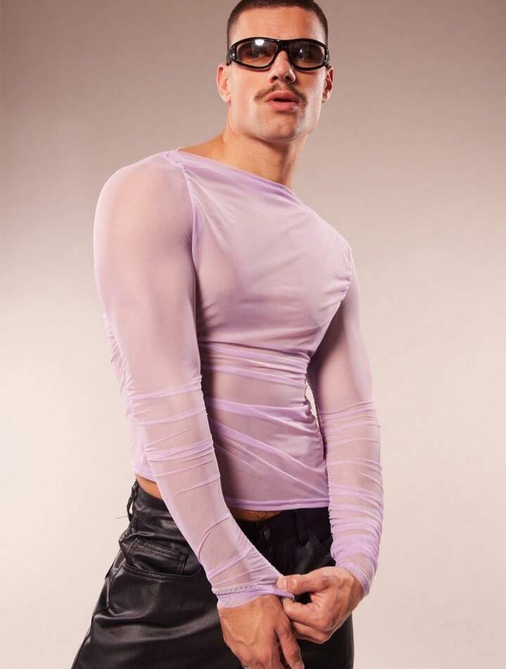 Men's Sheer Mesh V-Neck Slim Fit Cropped Tshirt
